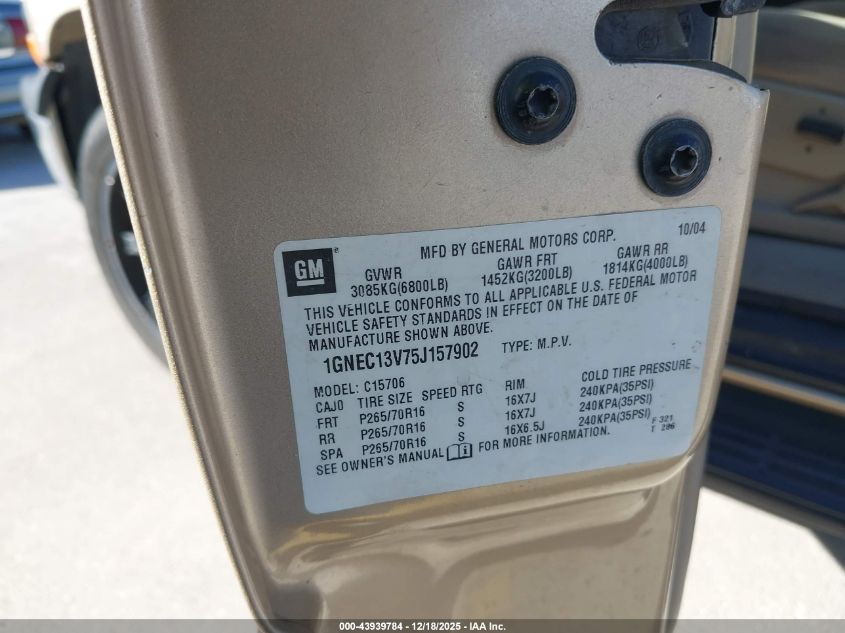 2005 Chevrolet Tahoe Ls VIN: 1GNEC13V75J157902 Lot: 43939784