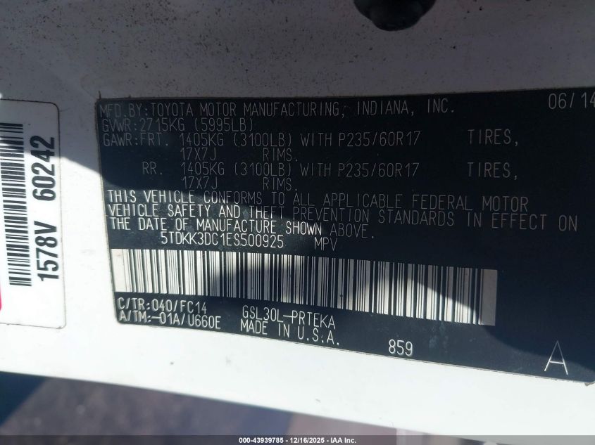2014 Toyota Sienna Le V6 8 Passenger VIN: 5TDKK3DC1ES500925 Lot: 43939785