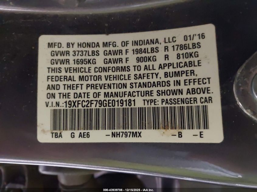 2016 Honda Civic Ex VIN: 19XFC2F79GE019181 Lot: 43939786
