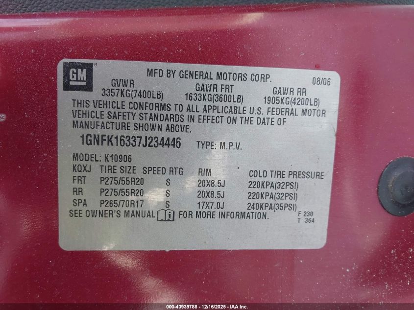 2007 Chevrolet Suburban 1500 Ltz VIN: 1GNFK16337J234446 Lot: 43939788