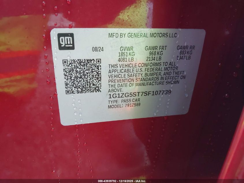 2025 Chevrolet Malibu Fwd Rs VIN: 1G1ZG5ST7SF107739 Lot: 43939792