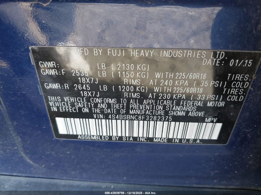 2015 Subaru Outback 2.5I Limited VIN: 4S4BSBNC8F3282375 Lot: 43939798