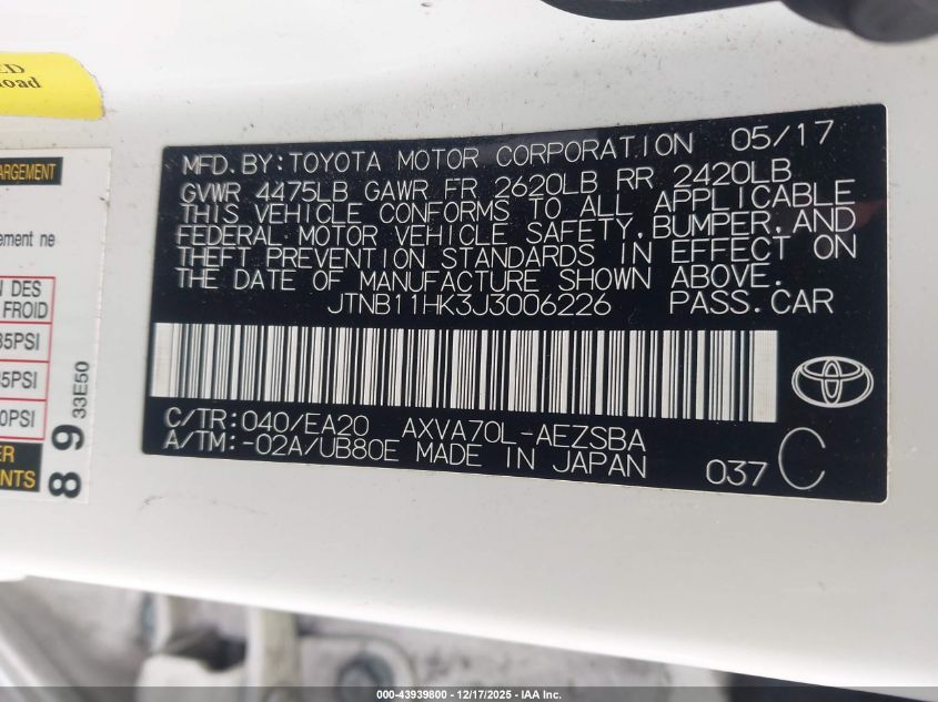 2018 Toyota Camry Se VIN: JTNB11HK3J3006226 Lot: 43939800