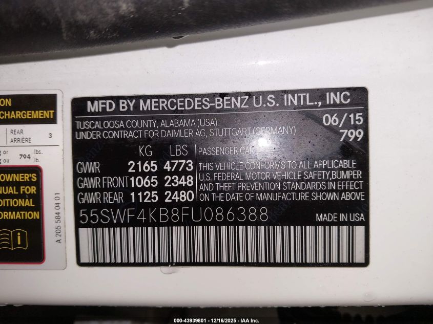 2015 Mercedes-Benz C 300 4Matic VIN: 55SWF4KB8FU086388 Lot: 43939801