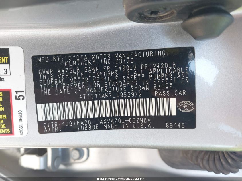 2020 Toyota Camry Le VIN: 4T1C11AK7LU952972 Lot: 43939806
