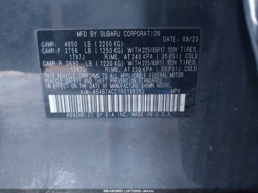 2024 Subaru Outback Premium VIN: 4S4BTACC1R3168362 Lot: 43939807