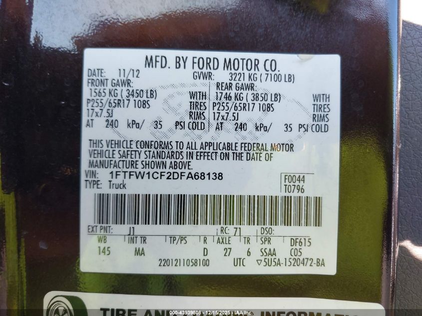 2013 Ford F-150 Xlt VIN: 1FTFW1CF2DFA68138 Lot: 43939808