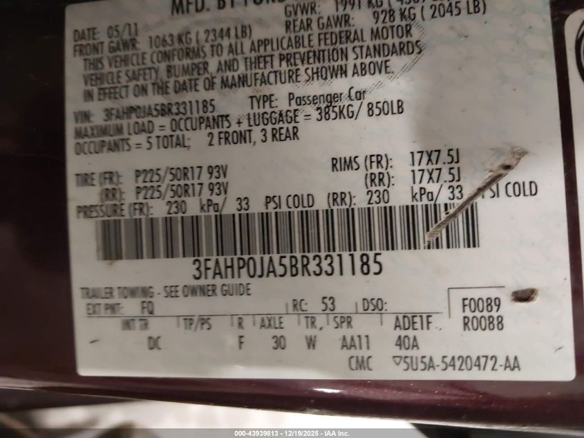 2011 Ford Fusion Sel VIN: 3FAHP0JA5BR331185 Lot: 43939813