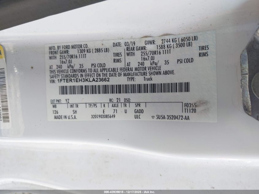 2019 Ford Ranger Xl VIN: 1FTER1EH3KLA23662 Lot: 43939815