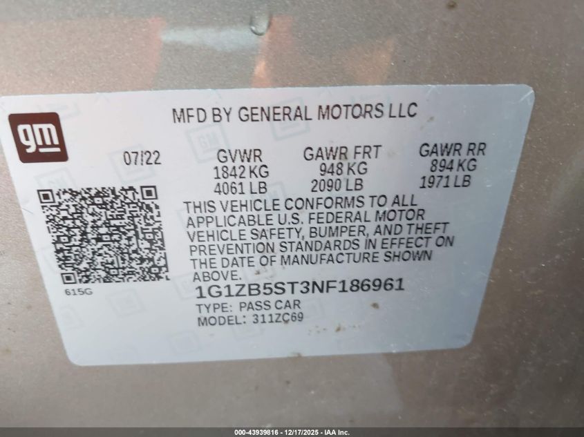 2022 Chevrolet Malibu Fwd Ls VIN: 1G1ZB5ST3NF186961 Lot: 43939816