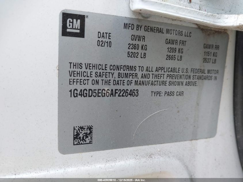 2010 Buick Lacrosse Cxl VIN: 1G4GD5EG6AF226463 Lot: 43939818