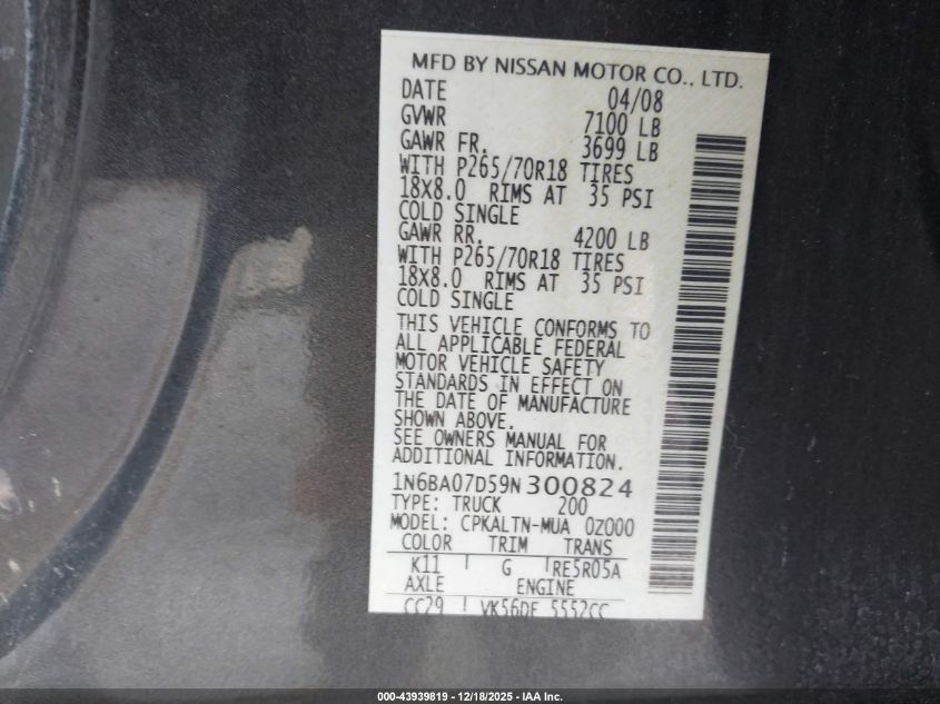 2009 Nissan Titan Se VIN: 1N6BA07D59N300824 Lot: 43939819