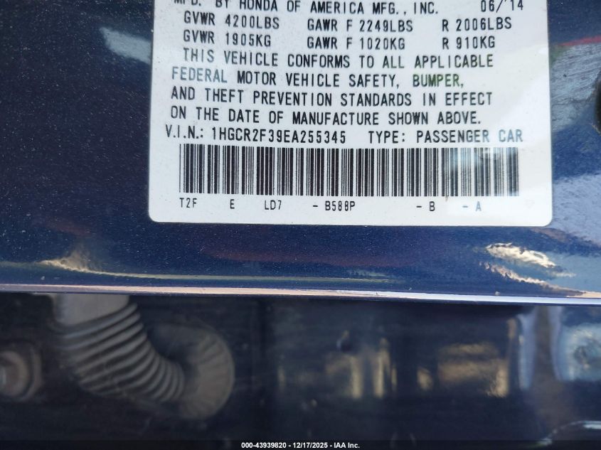 2014 Honda Accord Lx VIN: 1HGCR2F39EA255345 Lot: 43939820