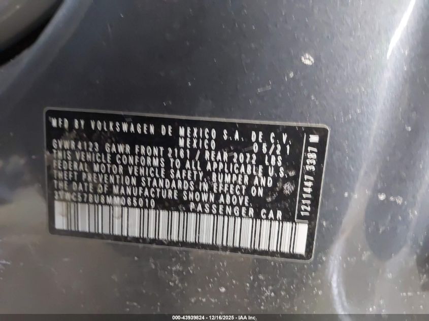 2021 Volkswagen Jetta 1.4T R-Line/1.4T S/1.4T Se VIN: 3VWC57BU8MM065010 Lot: 43939824