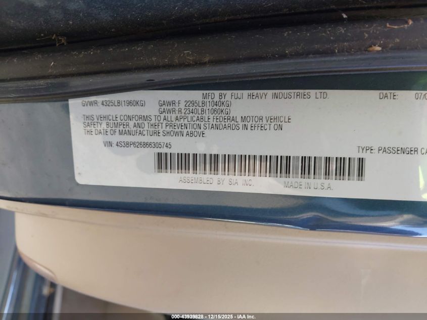 2006 Subaru Legacy 2.5I VIN: 4S3BP626866305745 Lot: 43939828