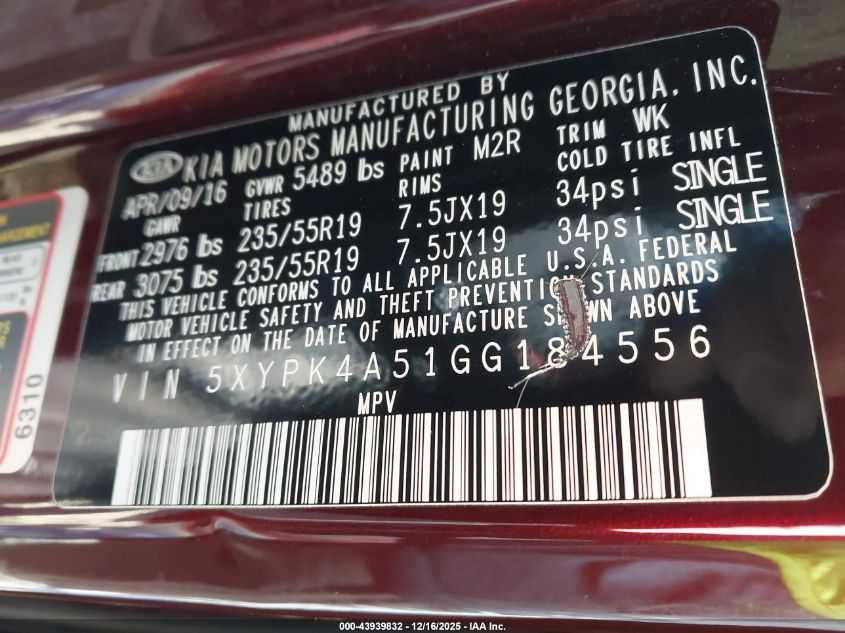 2016 Kia Sorento 3.3L Sx VIN: 5XYPK4A51GG184556 Lot: 43939832