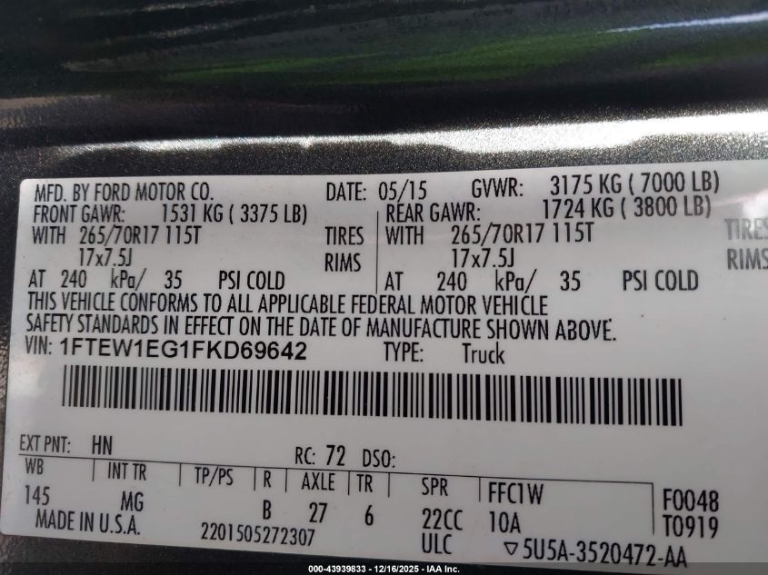2015 Ford F-150 Xlt VIN: 1FTEW1EG1FKD69642 Lot: 43939833