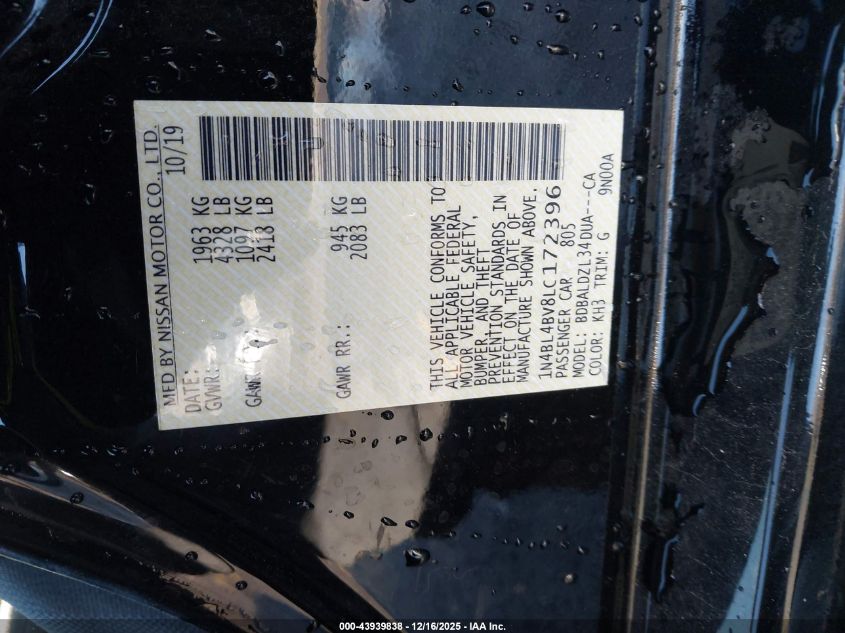 2020 Nissan Altima S Fwd VIN: 1N4BL4BV8LC172396 Lot: 43939838