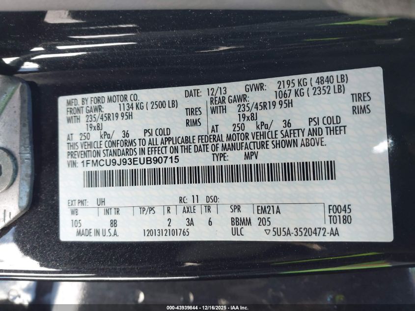 2014 Ford Escape Titanium VIN: 1FMCU9J93EUB90715 Lot: 43939844