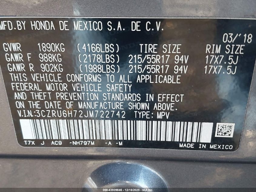 2018 Honda Hr-V Ex-L VIN: 3CZRU6H72JM722742 Lot: 43939846