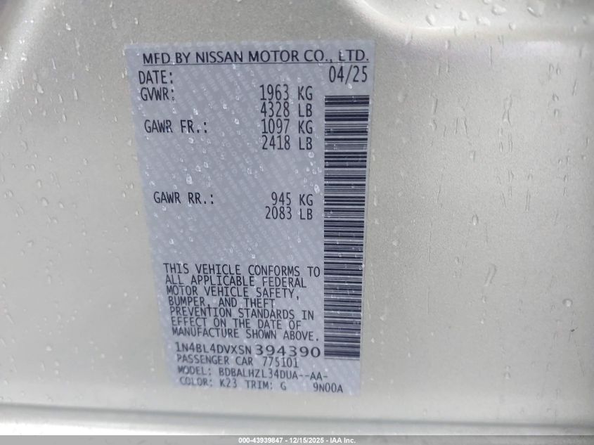 2025 Nissan Altima Sv Fwd VIN: 1N4BL4DVXSN394390 Lot: 43939847