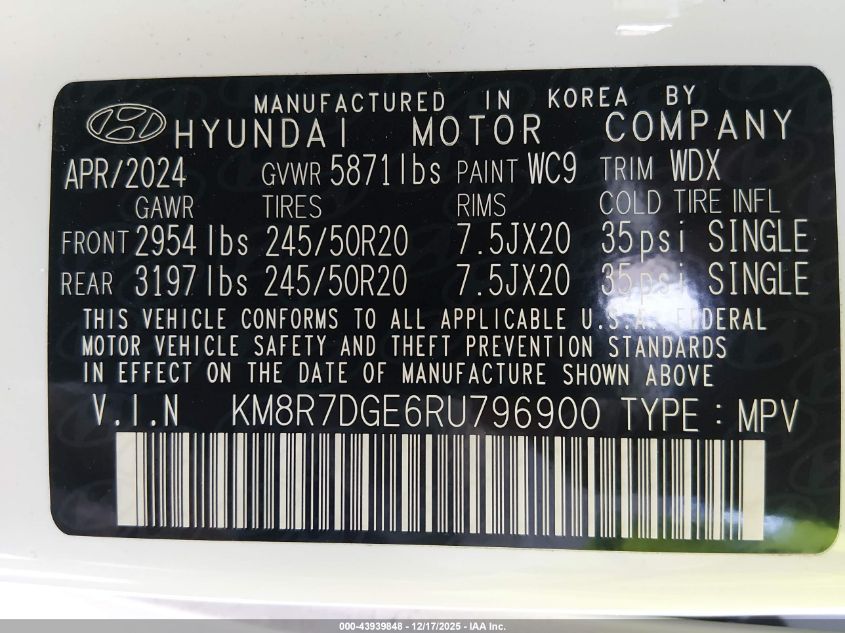2024 Hyundai Palisade Calligraphy VIN: KM8R7DGE6RU796900 Lot: 43939848