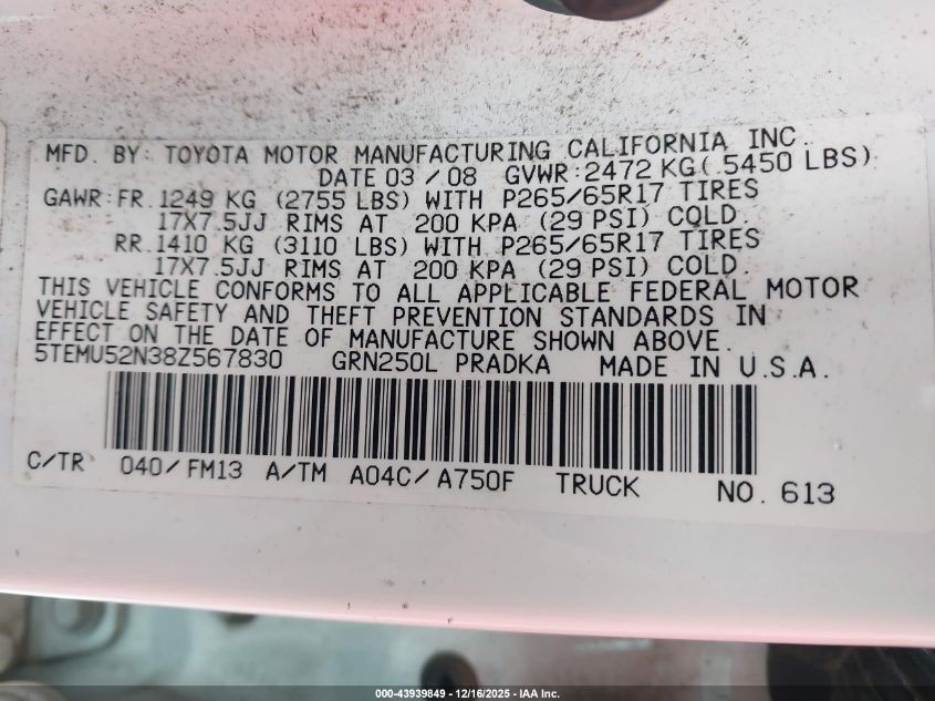 2008 Toyota Tacoma Base V6 VIN: 5TEMU52N38Z567830 Lot: 43939849