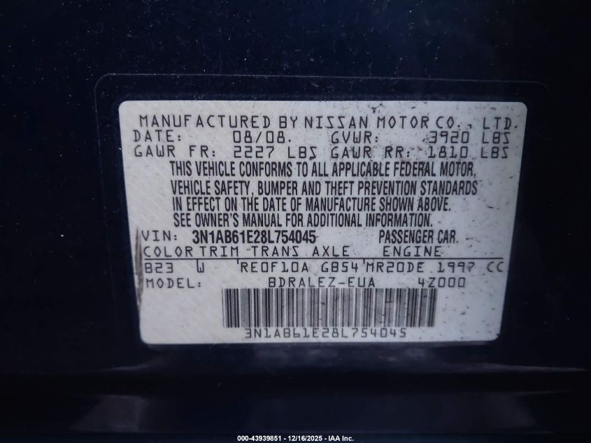2008 Nissan Sentra 2.0S VIN: 3N1AB61E28L754045 Lot: 43939851