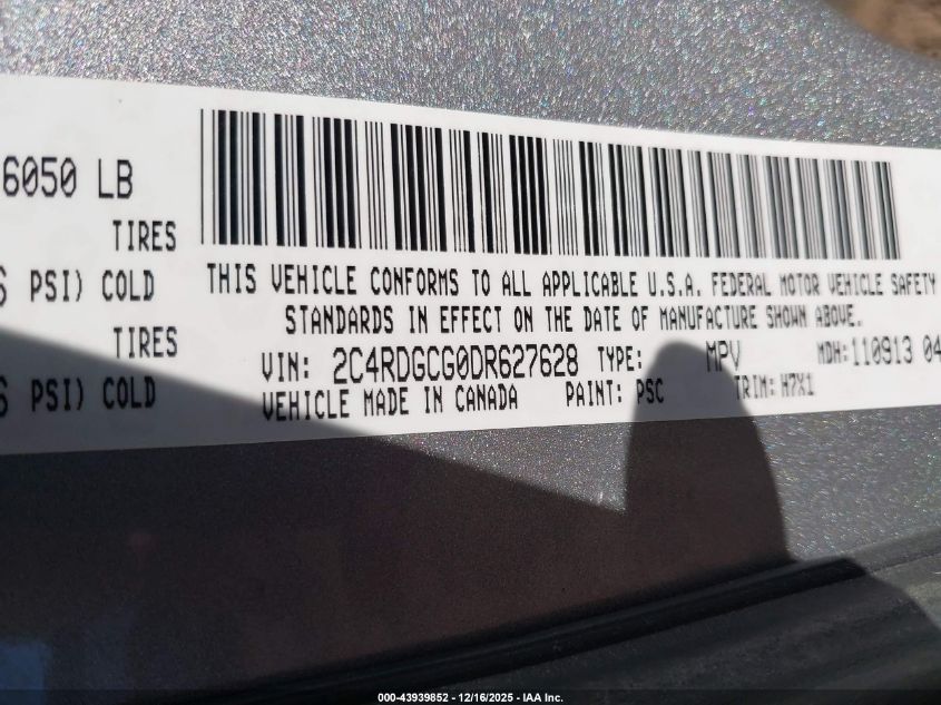 2013 Dodge Grand Caravan Sxt VIN: 2C4RDGCG0DR627628 Lot: 43939852