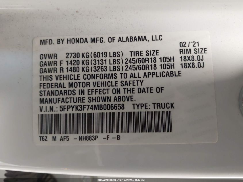 2021 Honda Ridgeline Rtl-E VIN: 5FPYK3F74MB006658 Lot: 43939853