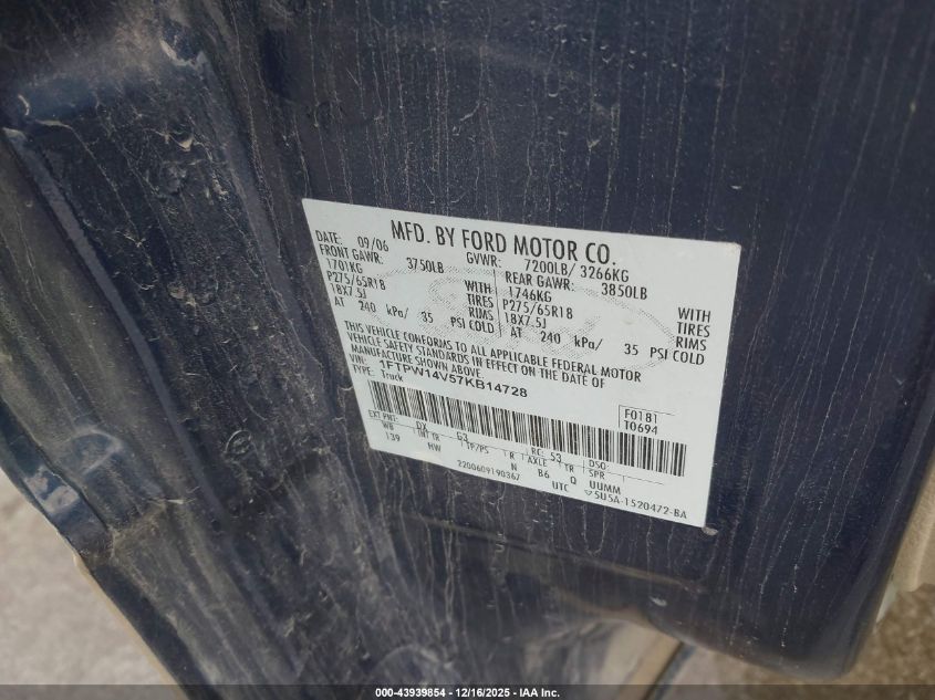 2007 Ford F-150 Fx4/Lariat/Xlt VIN: 1FTPW14V57KB14728 Lot: 43939854