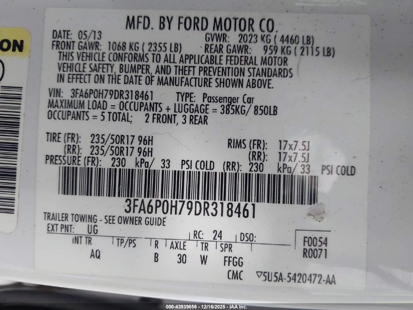 2013 Ford Fusion Se VIN: 3FA6P0H79DR318461 Lot: 43939856