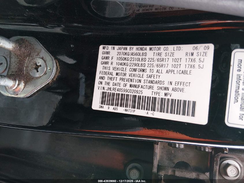 2009 Honda Cr-V Ex VIN: JHLRE48599C020925 Lot: 43939860