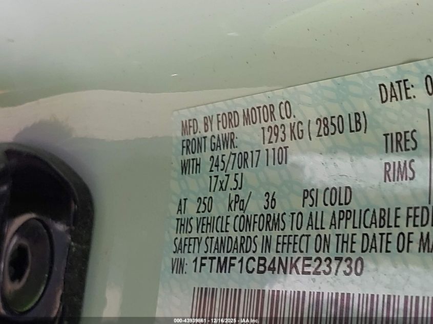 2022 Ford F-150 Xl VIN: 1FTMF1CB4NKE23730 Lot: 43939861