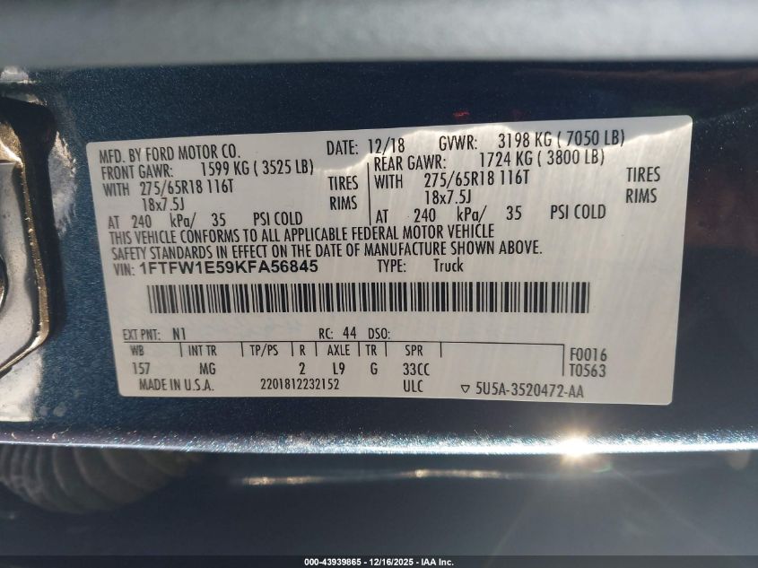 2019 Ford F-150 Xlt VIN: 1FTFW1E59KFA56845 Lot: 43939865