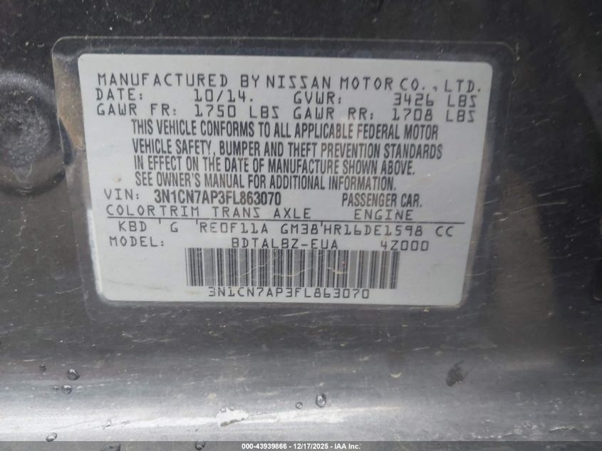 2015 Nissan Versa 1.6 Sv VIN: 3N1CN7AP3FL863070 Lot: 43939866