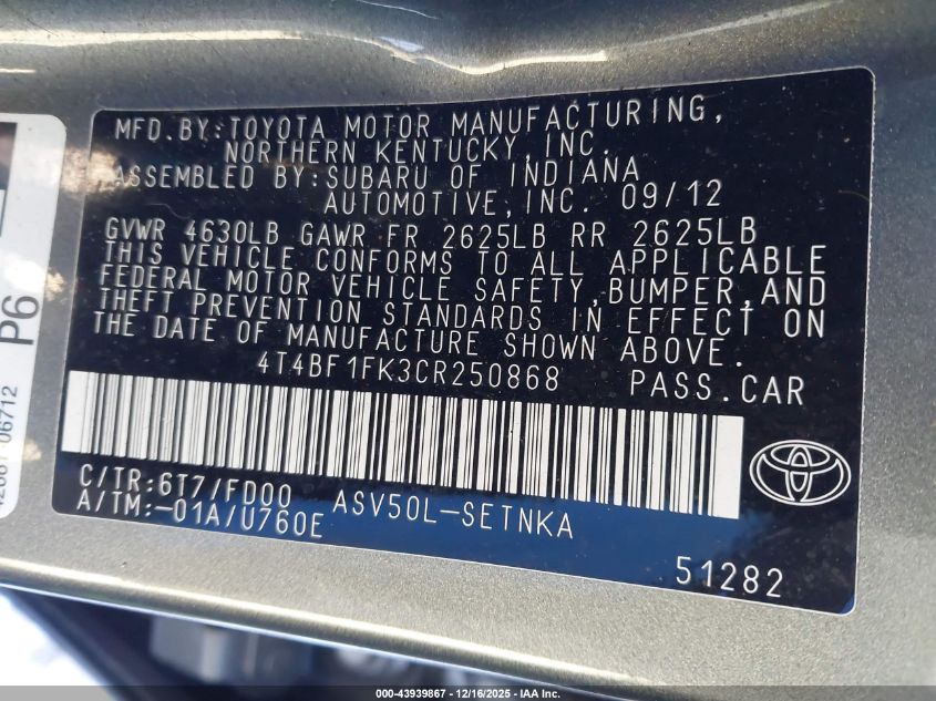 2012 Toyota Camry Le VIN: 4T4BF1FK3CR250868 Lot: 43939867