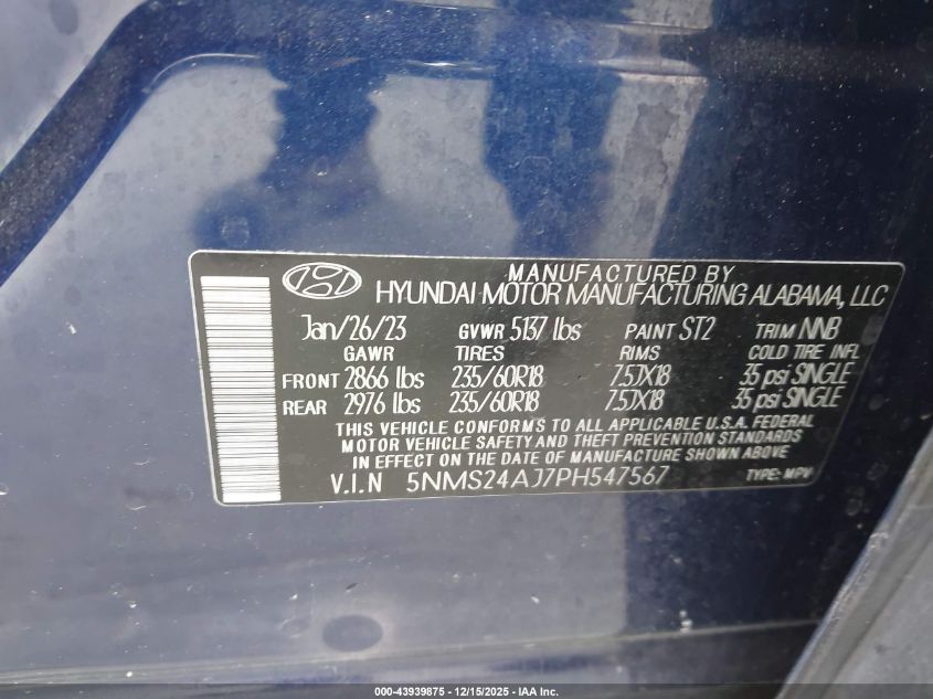 2023 Hyundai Santa Fe Sel VIN: 5NMS24AJ7PH547567 Lot: 43939875