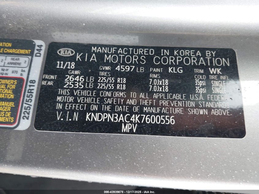 2019 Kia Sportage Ex VIN: KNDPN3AC4K7600556 Lot: 43939878