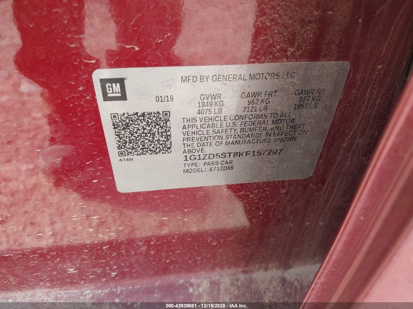 2019 Chevrolet Malibu Lt VIN: 1G1ZD5ST8KF157297 Lot: 43939881