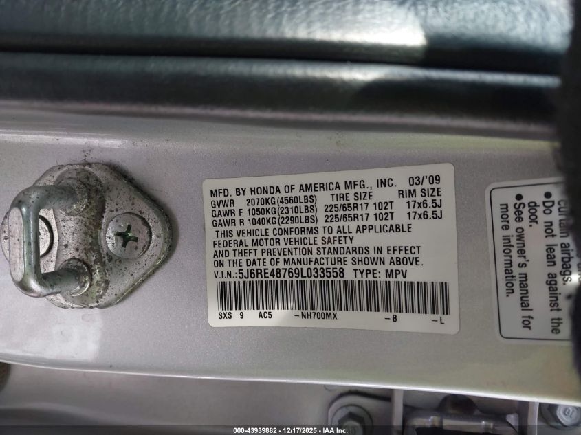 2009 Honda Cr-V Ex-L VIN: 5J6RE48769L033558 Lot: 43939882