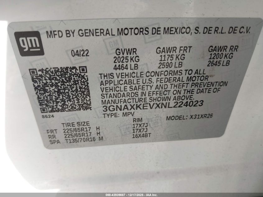 2022 Chevrolet Equinox Fwd Lt VIN: 3GNAXKEVXNL224023 Lot: 43939887