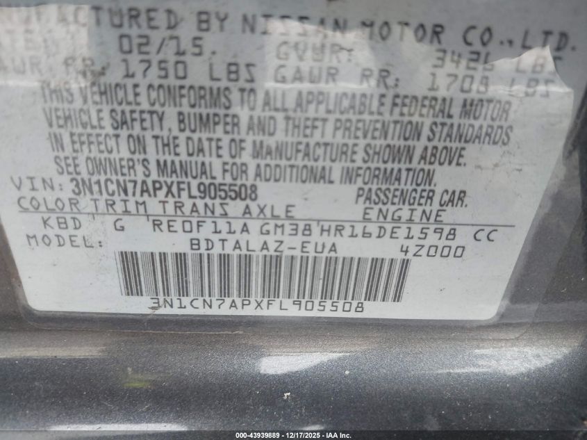 2015 Nissan Versa 1.6 S+ VIN: 3N1CN7APXFL905508 Lot: 43939889