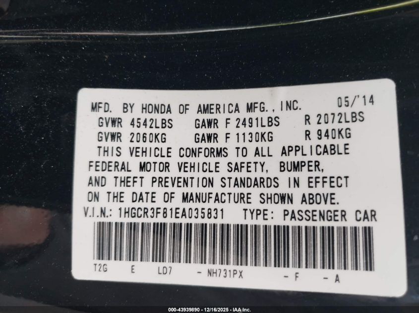 2014 Honda Accord Ex-L V-6 VIN: 1HGCR3F81EA035831 Lot: 43939890