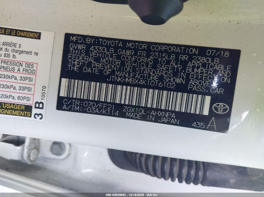 2019 Toyota C-Hr Xle VIN: JTNKHMBX4K1016102 Lot: 43939892