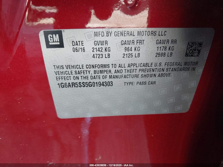 2016 Cadillac Cts Luxury Collection VIN: 1G6AR5SS5G0194303 Lot: 43939896