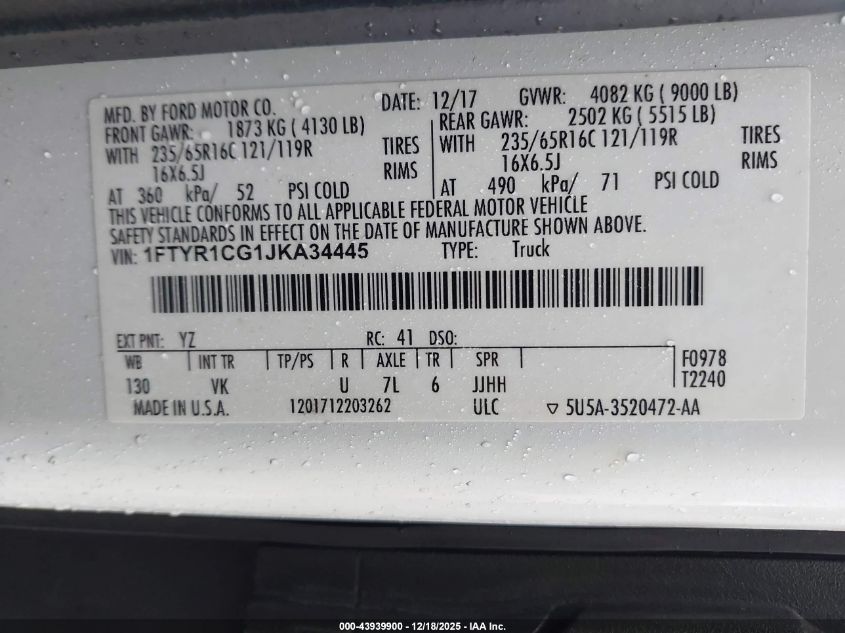 2018 Ford Transit-250 VIN: 1FTYR1CG1JKA34445 Lot: 43939900