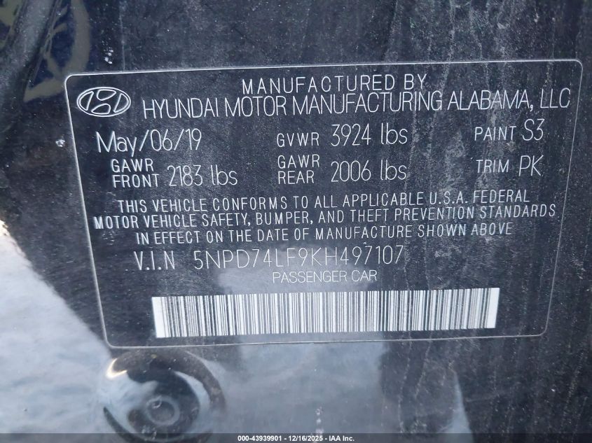 2019 Hyundai Elantra Se VIN: 5NPD74LF9KH497107 Lot: 43939901