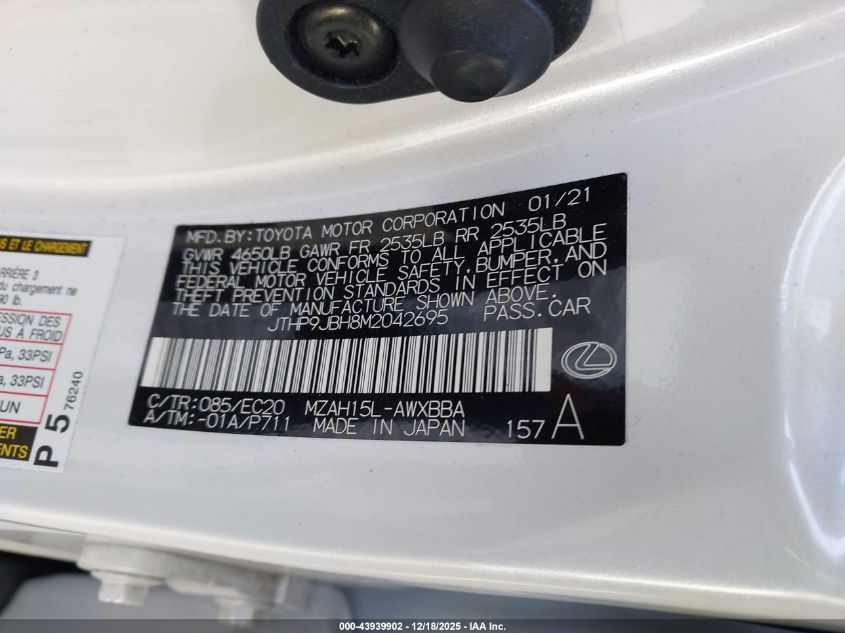 2021 Lexus Ux 250H VIN: JTHP9JBH8M2042695 Lot: 43939902