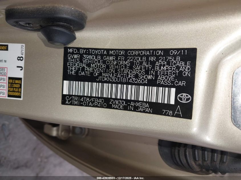 2011 Toyota Prius Two VIN: JTDKN3DU1B1432604 Lot: 43939903